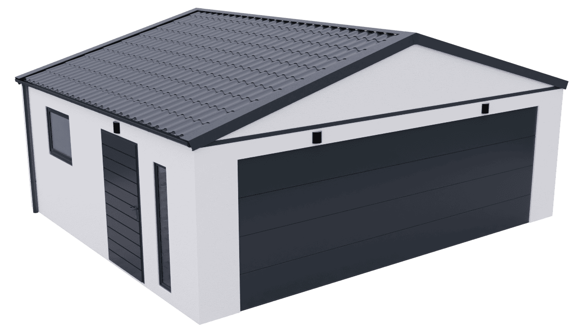 Montovaná dvojgaráž se sedlovou střechou a velkými vraty