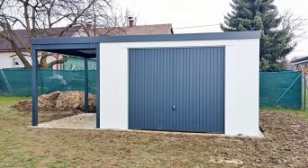 Montovaný zahradní domek s přístřeškem a garážovými vraty na přání