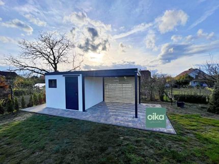 Montovaný zahradní domek s pultovou střechou a vlastním okapovým systémem